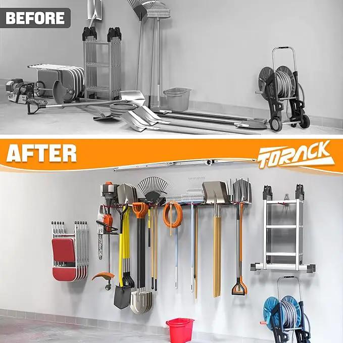 TORACK Garden Tool Organizer Wall Mount, Garage Folding Chair Storage Rack, Tools Rack for Shovels, Rakes, Broom, Ladders, Hooks for Keyhole Style Shelving Unit by GreenHaven Gardens