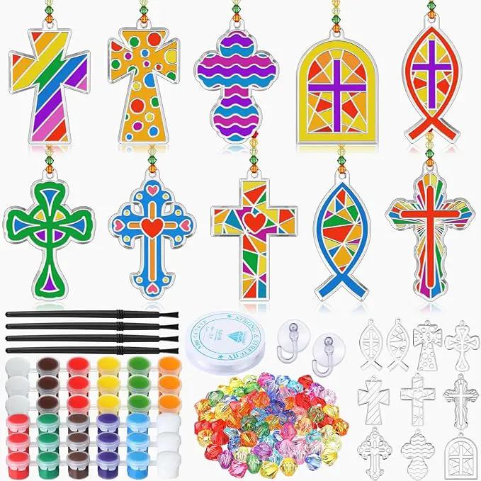 30 Sets Cross Suncatchers Window Art Kits, Christian DIY Sun Catchers Bulk Religious Crafts Paint Your Own Cross Window Ornaments for Boys Girls VBS Sunday School Classroom Home Party Decor by GreenHaven Gardens