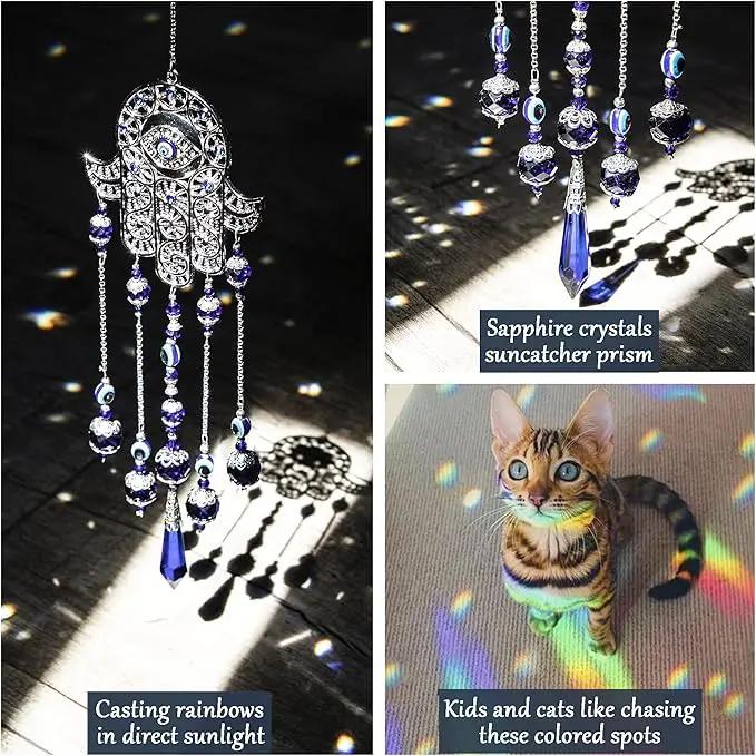 Crystal Prism Suncatcher Ornament with Hamsa Fatima Hand Protection Charm Turkish Greek Blue Evil Eye Sapphire Crystals Beads for Window Hanging Decoration by GreenHaven Gardens