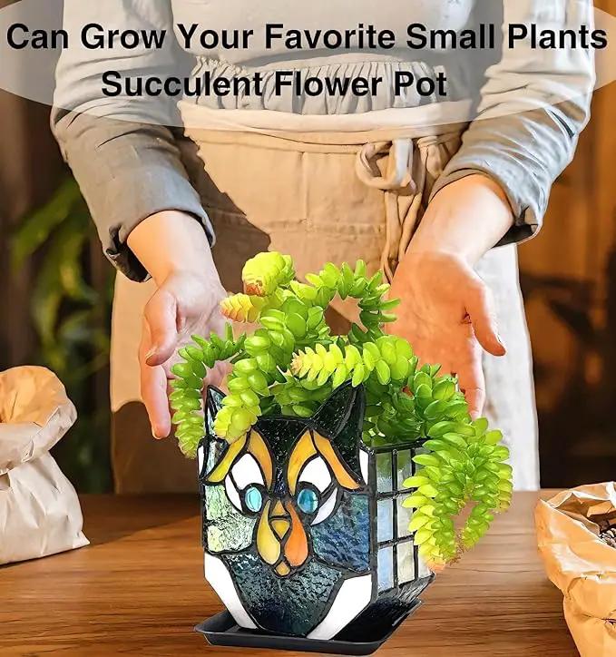 Cat Stained Glass Pot,Cat Flower Pots for Indoor Plants,Cat Plant Decor,Fun Plant Pots Gift 4.6x3x5.15 in(Excluding Plants) by GreenHaven Gardens