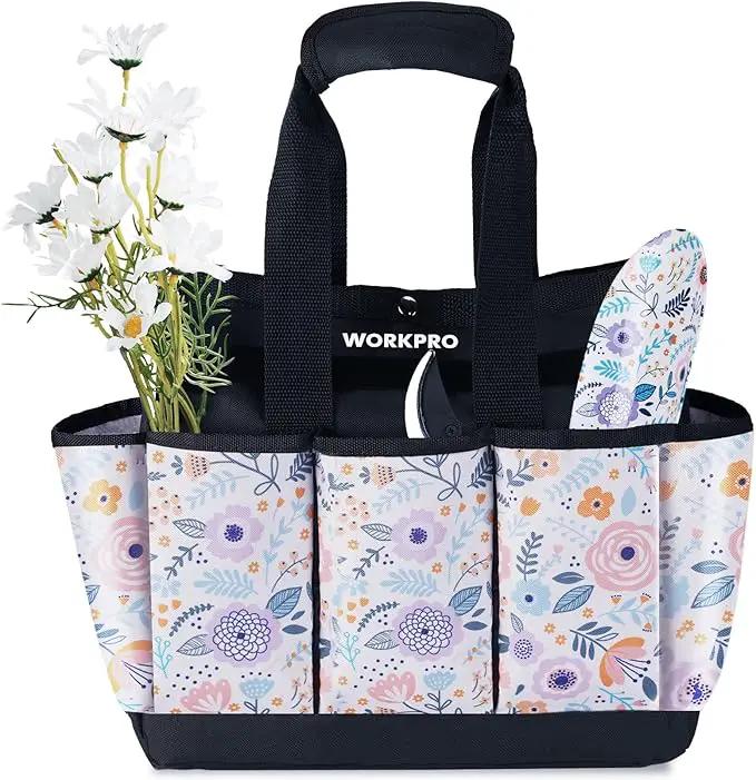 WORKPRO Garden Tool Bag, 9 Pockets Gardening Bag, Heavy Duty Oxford Garden Tote Caddy (Tools NOT Included), 12" x 12" x 6" (Floral White) by GreenHaven Gardens