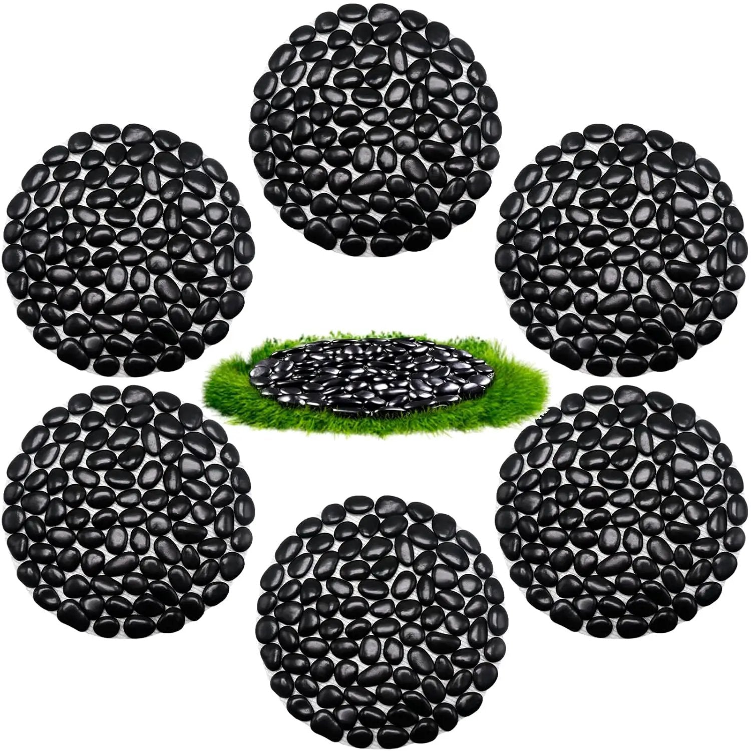 10in River Rock Stepping Stones Set - 6 Pack | Polished Pebble | Long-Lasting PVC Mesh Backing | Perfect for Garden Paths and Lawns Outdoor Landscaping Decoration | Black Circle by GreenHaven Gardens