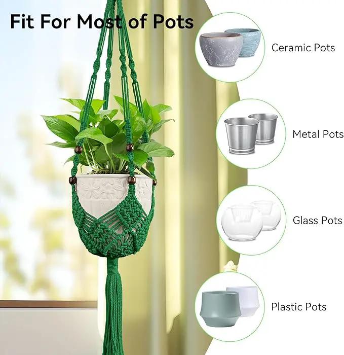 USLAI Macrame Handmade Basket Plant Hanger (2-Pack), for 3-8 Inch Pots, Indoor Outdoor Strong Hanging Planter Flower Pot Holder with Beads and Tassels, Boho Home Decor (POTS NOT Included) (Green) by GreenHaven Gardens