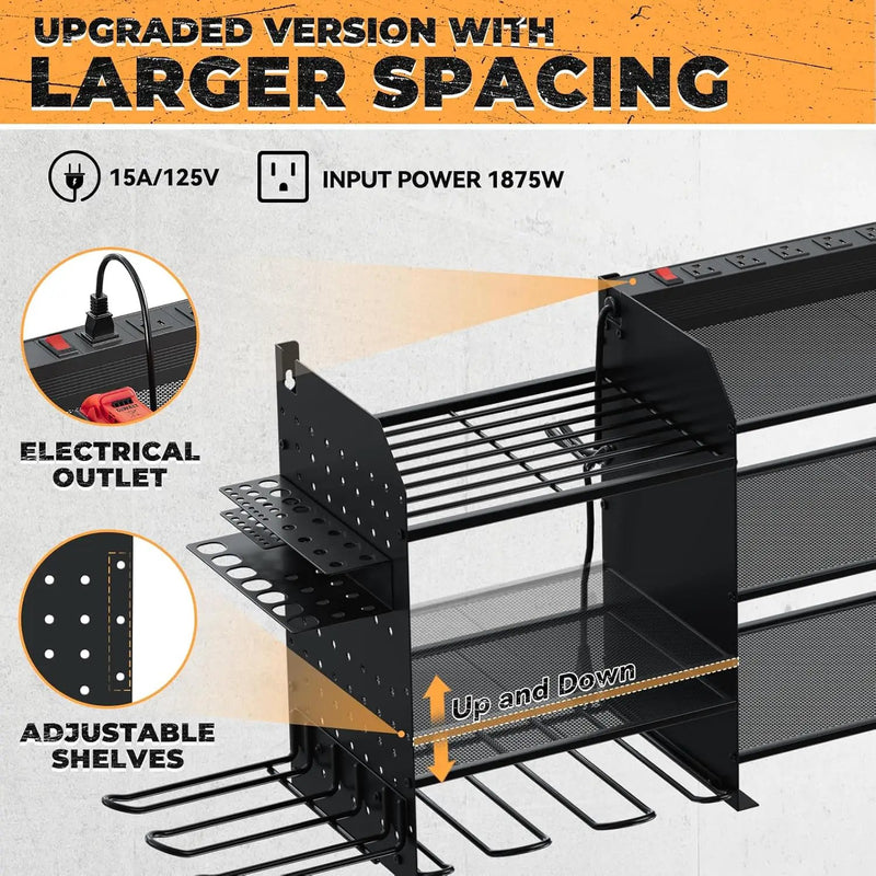 Upgrade Large Power Tool Organizer Wall Mount with Charging Station Tool Storage Rack with 6.5FT Power Strip 10 Drill Holder and Storage Rack for Garage Organization by GreenHaven Gardens