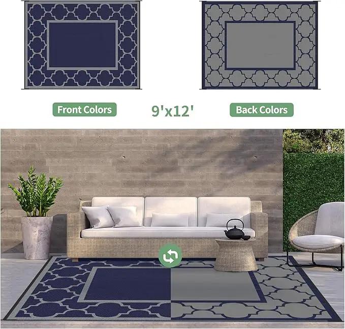 GENIMO Outdoor Rug 9' x 12' Patio Waterproof, Foldable Reversible Plastic Straw Area Rugs Mat for Camper Decor, Outside Carpet for Rv, Deck, Porch, Picnic, Beach, Balcony, Blue & Grey by GreenHaven Gardens