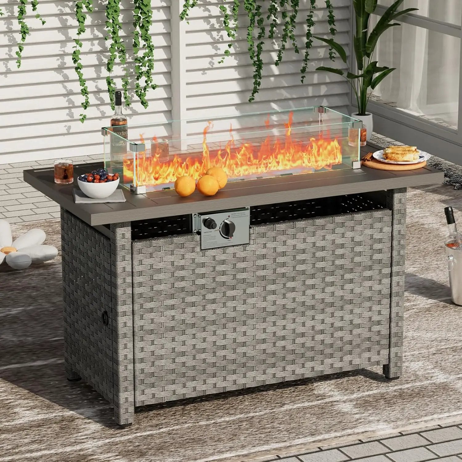 Propane Fire Pit Table Outdoor,44" 60000BTU Auto-Ignition Fire Table with Wind Guard Square Large Wicker Firepits for Porch Garden(Grey,CSA Certified) by GreenHaven Gardens