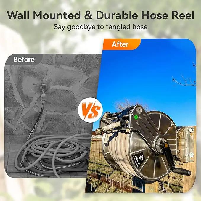 Giraffe Tools Stainless Steel Garden Hose Reel Heavy Duty, Wall/Floor Mounted Stainless Water Hose Reel Retractable with Crank, 150-Feet 5/8" Hose Capacity by GreenHaven Gardens