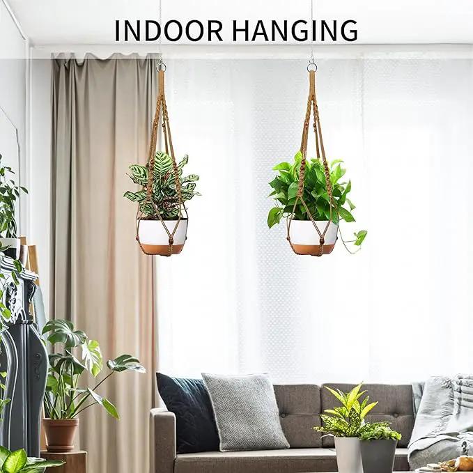 43 Inch Macrame Plant Hanger - Fits 6-15 Inch Pots, Extra Long Hanging Planter Holder for Indoor Outdoor, with Red Wood Beads, Boho Home Decor, 2 Pack, Brown (POTS NOT Included) by GreenHaven Gardens