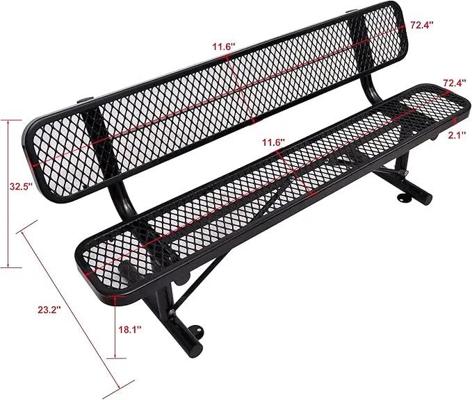 6 FT Heavy Duty Park Bench, Outdoor Metal Black Bench with Back-Commercial Steel Benches for Outside, 2-4 Person Seat-Garden Benches with Portable Frame for Outdoors by GreenHaven Gardens