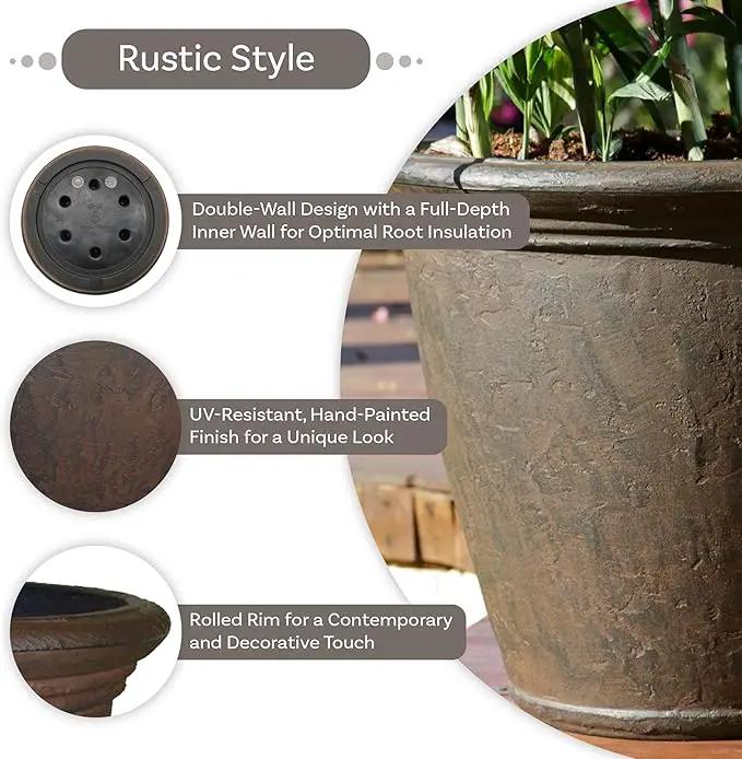 Sunnydaze 24-Inch Anjelica Large Plastic Pot for Plants - Outdoor Polyresin Round Planter with Drillable Drainage Holes - Rust - 2pk by GreenHaven Gardens