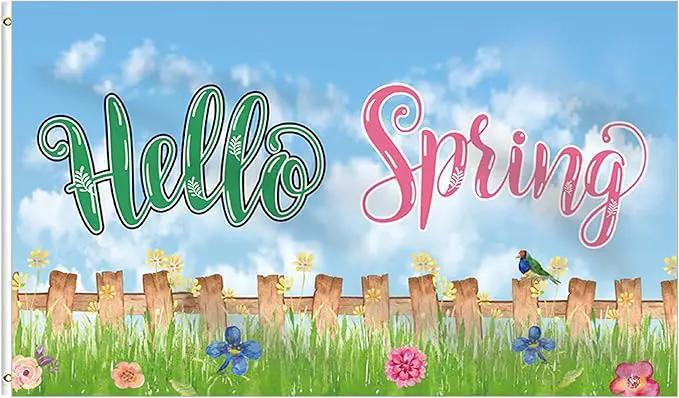 Hello Spring Birds with Flowers Home Flag 3x5 Ft,Seasonal Welcome Home Flower Spring Sweet Farmhouse Rustic Home Décor House Flag Seasonal Holiday Party Polyester Outdoor Decor with Brass by GreenHaven Gardens