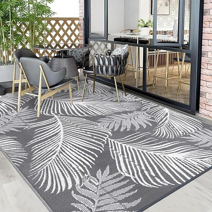 Pauwer Waterproof Outdoor Rug 9x12, Reversible Plastic Straw Patio Camping Rug, Indoor Outdoor RV Mat Carpet for Deck, Camper, Porch, Balcony, Backyard, Picnic, Leaf Grey by GreenHaven Gardens