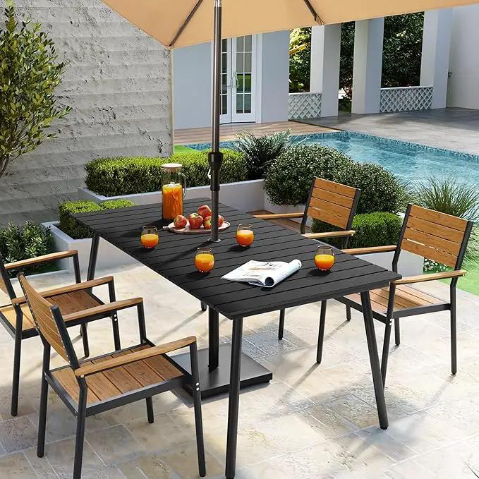 Outdoor Dining Table for 6, 70inch Patio Dining Table with Wooden-Like Top and Aluminum Frame, Rectangular Table with Umbrella Hole Outdoor Furniture, Only Table, Black by GreenHaven Gardens