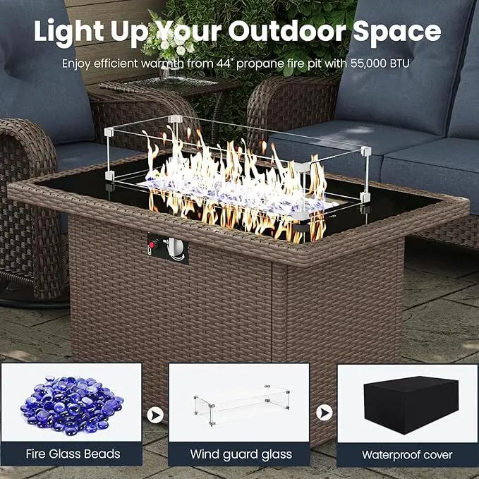 8 Pieces Outdoor Patio Furniture Sets with Rocking Swivel Chairs with 6-inch Thick Cushion and Fire Pit Table for Deck Lawn by GreenHaven Gardens