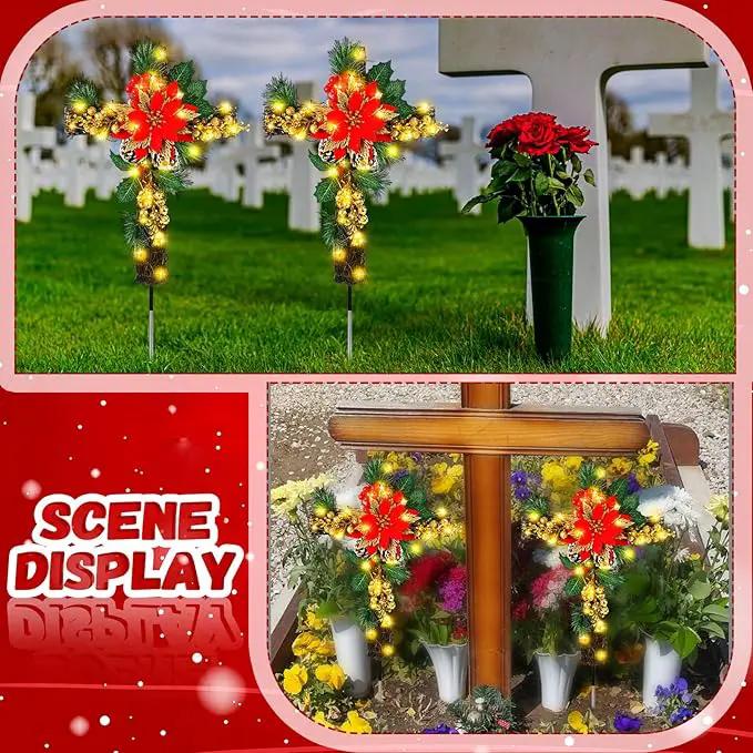Ganeen 2 Pcs Solar Stake Christmas Outdoor Decorations Christmas Yard Stake Decor LED Lights Cemetery Grave Cross Poinsettia Decor for Holiday Garden Pathway Lights (Poinsettia) by GreenHaven Gardens