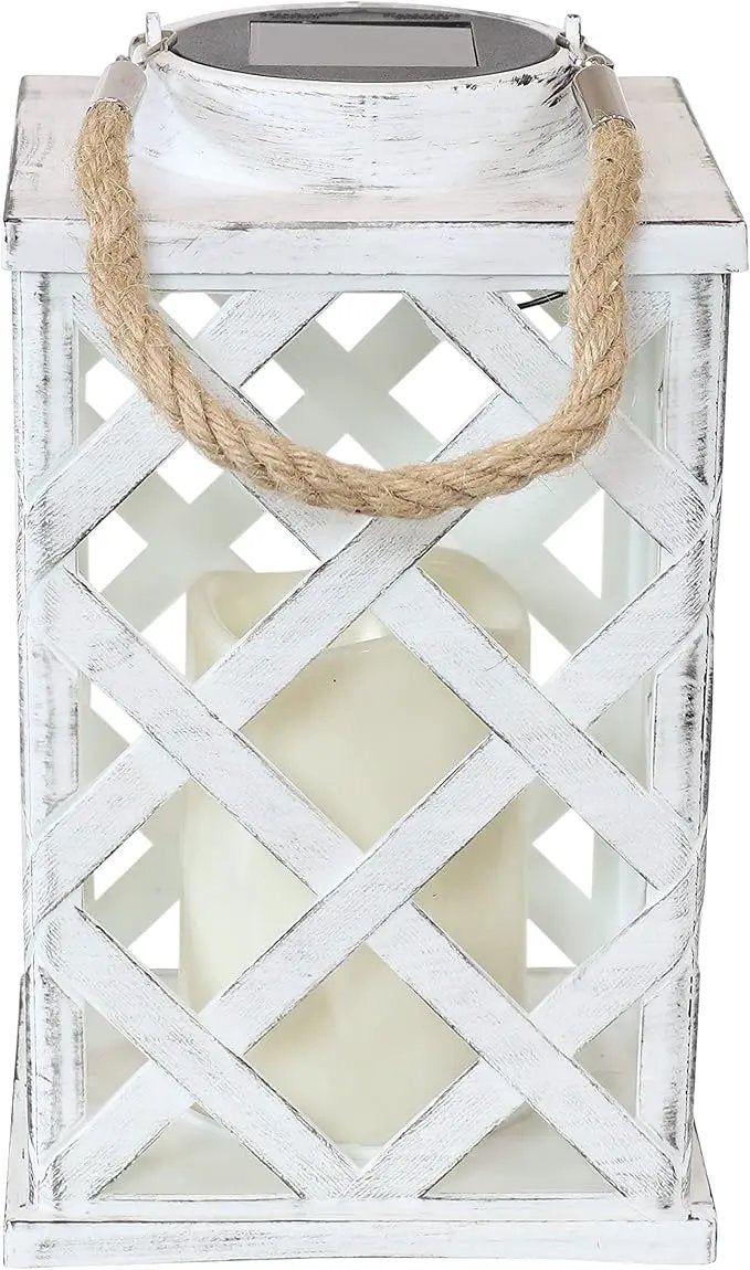 Sunnydaze Modern Crosshatch 9-Inch Solar LED Decorative Candle Lantern - Tabletop/Hanging Light - Set of 2 - White by GreenHaven Gardens
