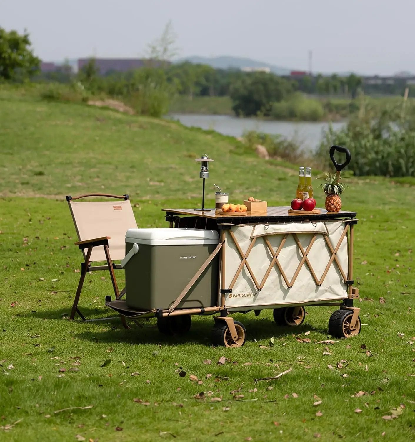 Whitsunday Collapsible Folding Wagon with Table,Heavy Duty Utility Beach Wagons with Opened Tailgate and All-Terrain Wheels for Camping,Garden,Sports Beige by GreenHaven Gardens