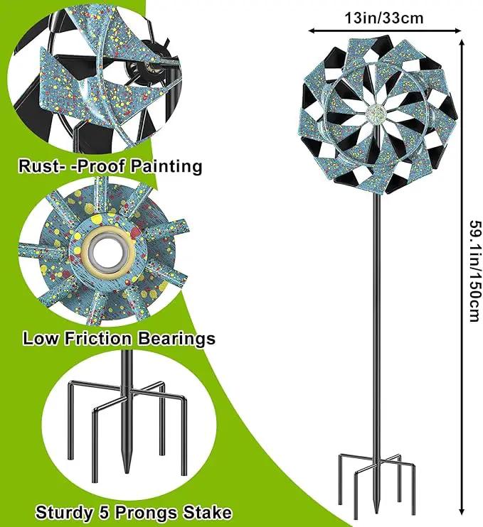 59 inch Outdoor Kinetic Wind Spinner, Double Blade Wind Sculpture with 5 Prong Base, Geometric Metal Windmill for Garden, Lawn & Patio Decoration (Blue Gold) by GreenHaven Gardens