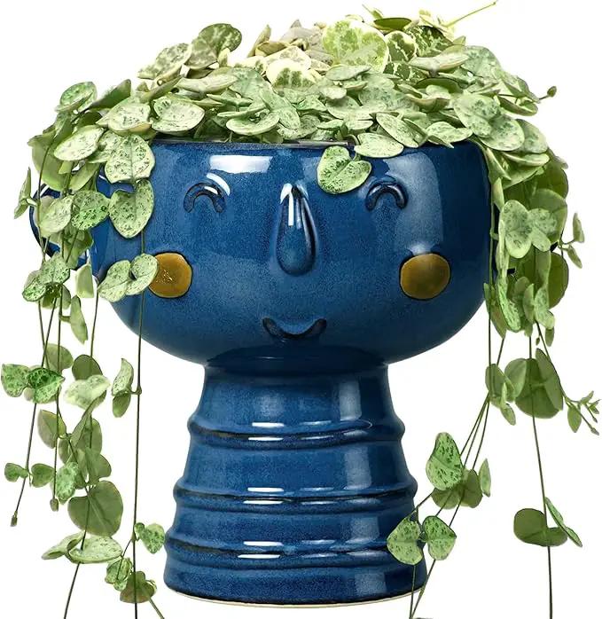 Face Planter Pot Head 7 Inch - Cute Ceramic Head Planter for Indoor Outdoor Plants Unique Flower Pot with Drainage Hole Gift Ideas for Christmas Blue by GreenHaven Gardens