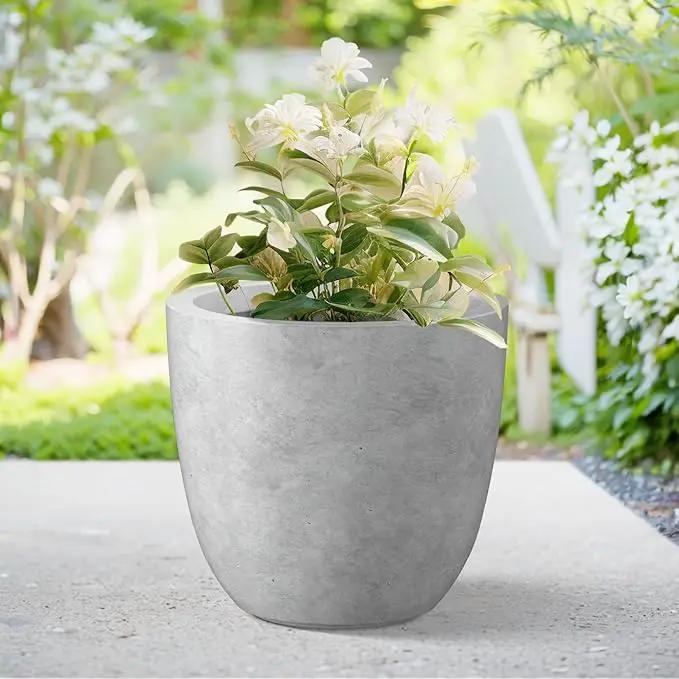 Kante 18 Inch Dia Round Concrete Planter, Indoor Outdoor Large Plant Pot with Drainage Hole and Rubber Plug for Home Patio Garden, Gray Concrete by GreenHaven Gardens
