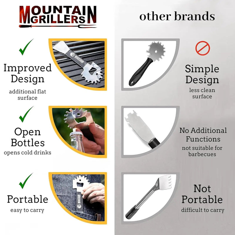 Mountain Grillers BBQ Grill Grate Scraper - Wide Portable Grill Scrubber for Outdoor Grill, Griddle, Smoke or Oven Grates - Non Slip Stainless Steel Grill Cleaning Tools with Built-in Bottle Opener by GreenHaven Gardens