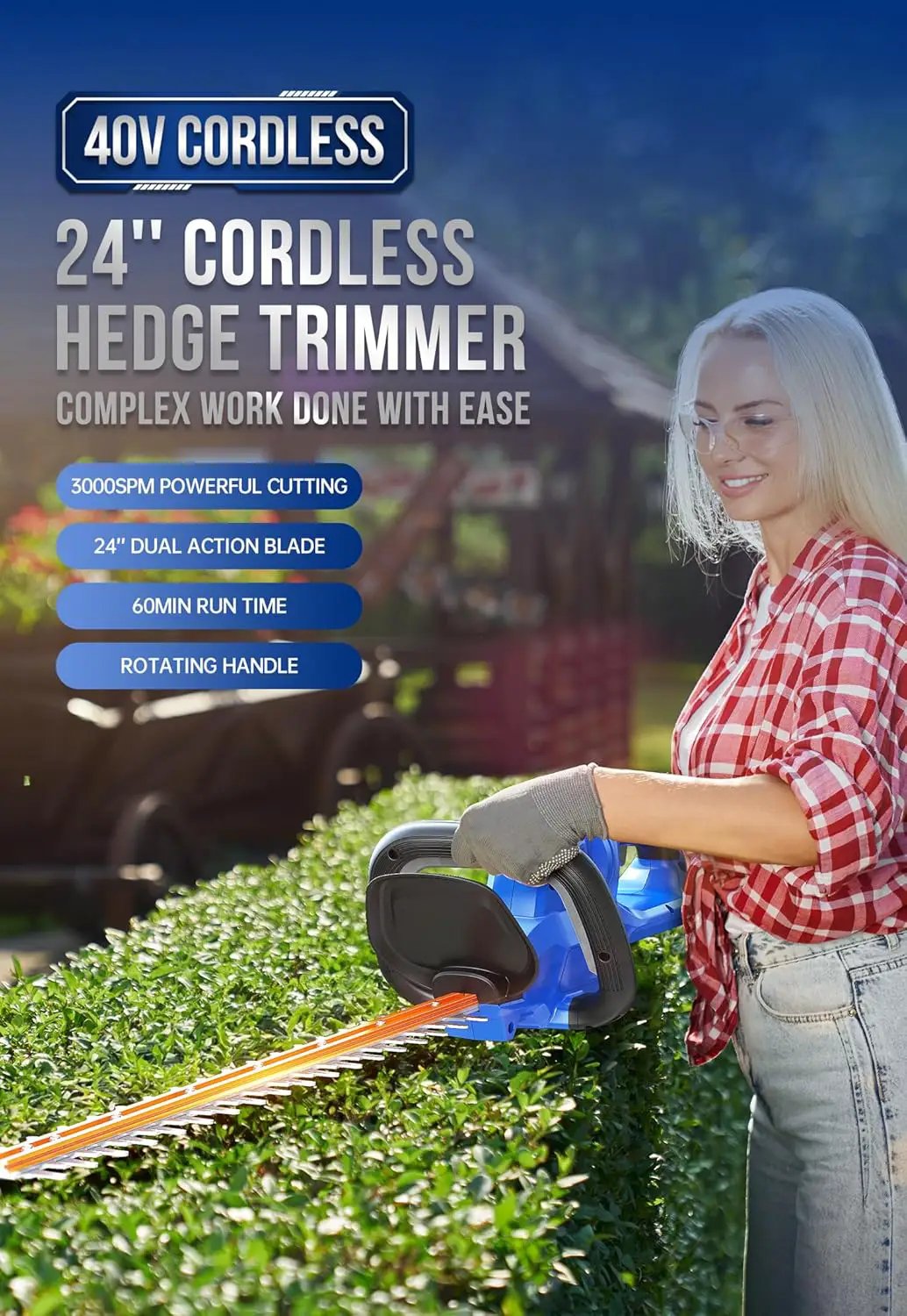 WILD BADGER POWER Hedge Trimmer 40V 24” Cordless, Powerful Electric Hedge Trimmer, 2.0Ah Battery and Charger Included by GreenHaven Gardens