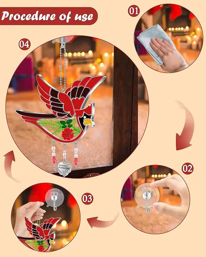 KY&BOSAM Cardinal Suncatcher Precious Grandmother Glass Hanging for Windows Wind Chime Ornament with Pressed Real Flowe and Heart Charm Birthday Gifts for Women Mother's Day Christmas by GreenHaven Gardens