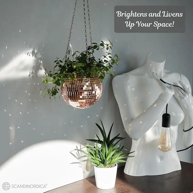 SCANDINORDICA Disco Ball Planter – Value Package: Mirror Disco Planter with Chain, Macrame Hanger and Acrylic Stand for Desk, Includes Self Watering Insert, Quirky Gifts | 6 inch Rose Gold by GreenHaven Gardens