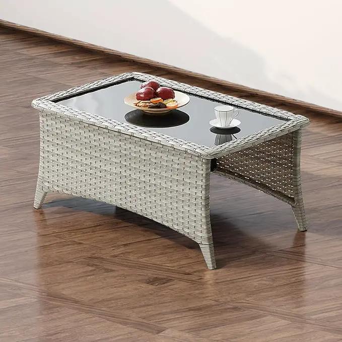 Patio Tables Wicker Coffee Table - Outdoor Rattan Coffee Tables with Glass Top for Patio Proch Deck Balcony Rectangle Light Grey by GreenHaven Gardens