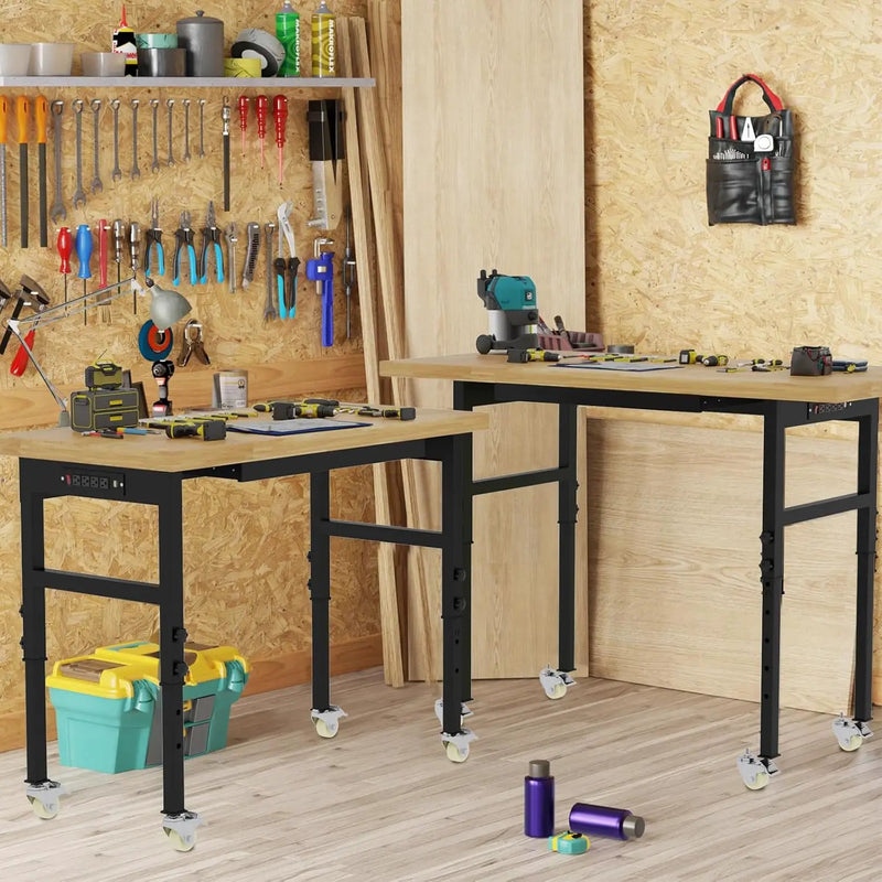 48" Adjustable Workbench, Work Bench Table with Wheels and Power Outlet, Rolling Workbench with Drawers, Large Load Capacity Garage Workbench for Workshop,Office,Home by GreenHaven Gardens