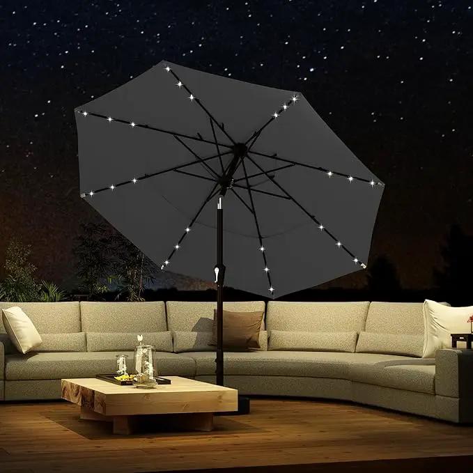 Kingdura 9ft 3-Tier Patio Umbrella with Solar Lights, Table Umbrella Outdoor Patio with Easy Crank & Tilt, 8 Sturdy Ribs, UV Protection, 32 LED Lights for Deck, Poolside, Market (Grey) by GreenHaven Gardens