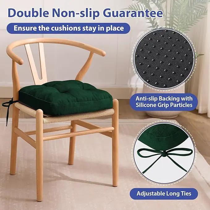 Chair Cushions for Dining Chairs, Dining Chair Cushions, Tufted Indoor Chair Pads with Ties & Non Slip Backing, Seat Cushions for Kitchen Chairs 16.5” x 16.5” x 3.5”, Set of 6, Green by GreenHaven Gardens