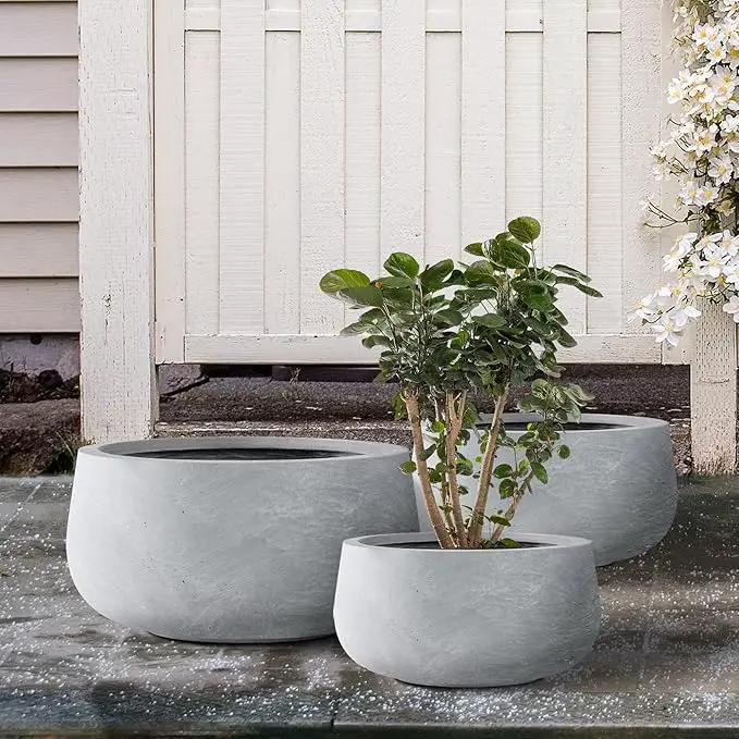 Kante 19.6",15.7",11.8" Dia Round Concrete Planters Set of 3, Cement Plant Pots with Drainage Hole and Rubber Plug for Outdoor Indoor Garden Home, Modern Curvaceous Design, Gray by GreenHaven Gardens