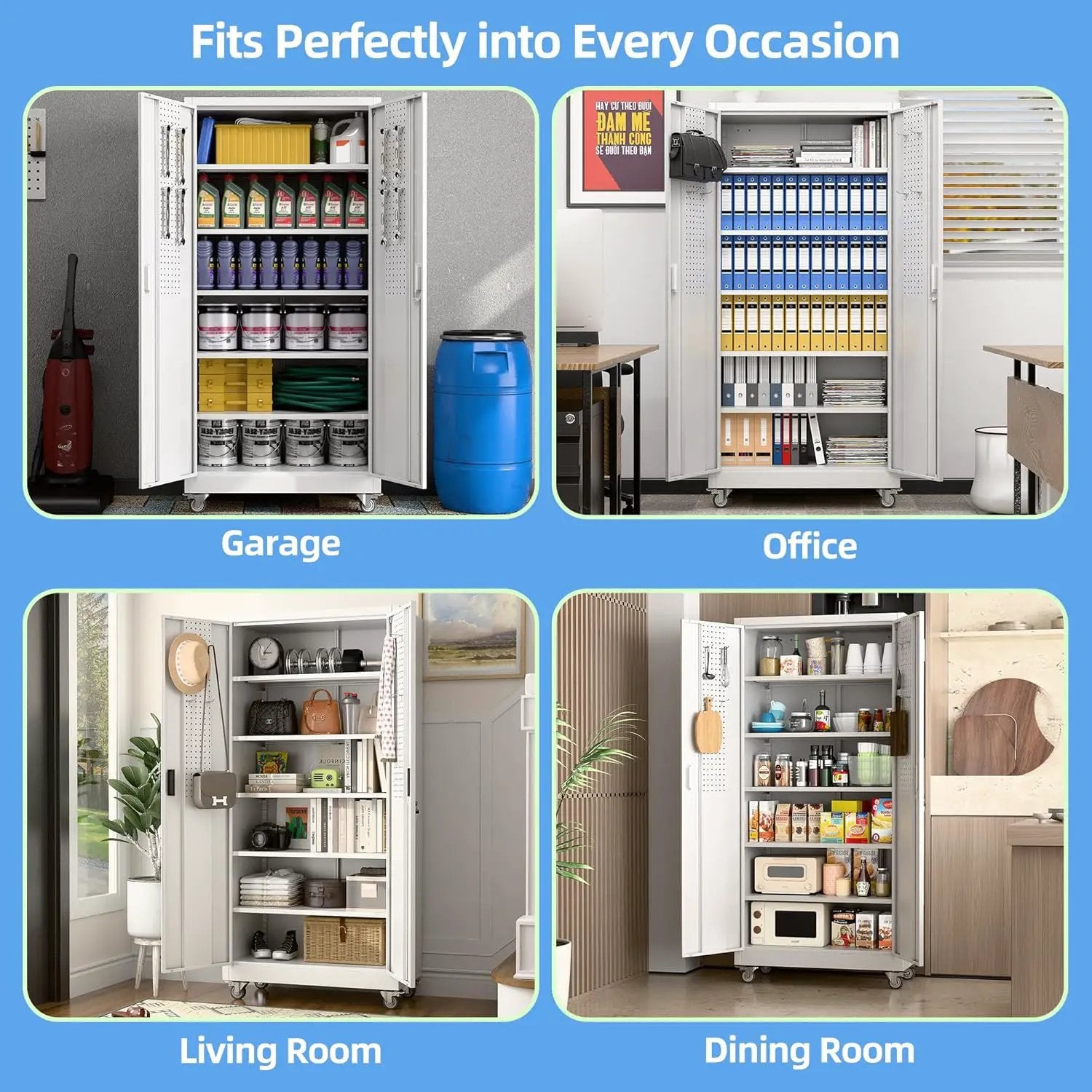 Metal Garage Storage Cabinet with Wheels & Pegboard, Lockable Metal Storage Cabinets with 2 Doors&5 Adjustable Shelves for Garage&Home,Assembly Required,White 71''H x32''W x16''D by GreenHaven Gardens