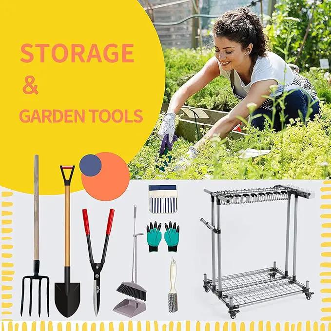 Mobile garden tool organizer metal Garage Storage Holder storage large long lawn tools heavy duty tool rack sturdy yard cart by GreenHaven Gardens
