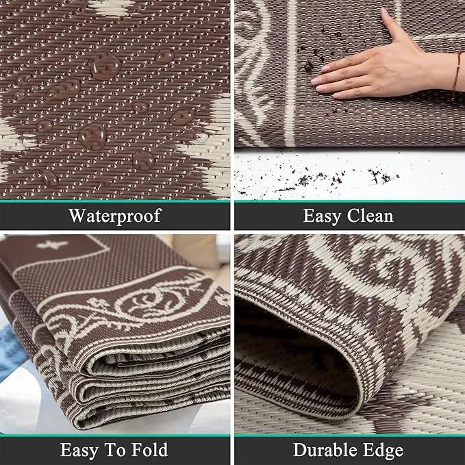 Pauwer Waterproof Outdoor Rug 6x9, Reversible Plastic Straw Patio Camping Rug, Indoor Outdoor RV Mat Carpet for Deck, Camper, Porch, Balcony, Backyard, Picnic, Bordered Brown by GreenHaven Gardens