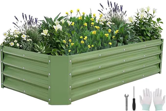 Galvanized Raised Garden Bed - 4x2x1ft Metal Garden Planter Box Outdoor | Steel Raised Bed Kit with Bracing Rods, Gloves for Gardening Vegetables Fruits and Flowers (Oliver Green) by GreenHaven Gardens