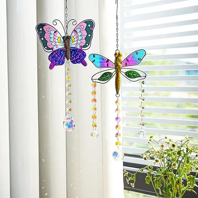 YU FENG Set 2 Suncatchers with Crystals,Stained Glass Butterfly Dragonfly Sun Catchers Window Garden Hanging Decoration Ornament,Prism Rainbow Maker Pendant by GreenHaven Gardens