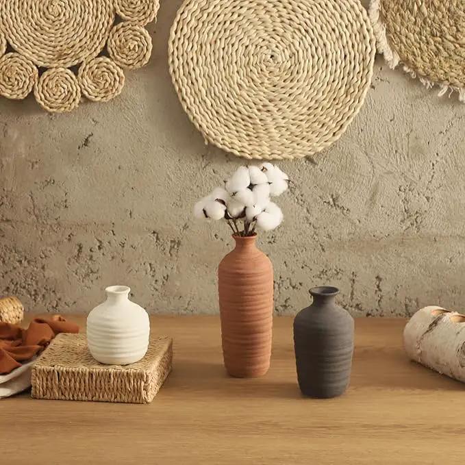 Ceramic Vase Set of 3 Neutral Decorative Vase for Farmhouse, Boho, or Rustic Home Decor Pottery Vases for Pampas Grass Living Room Bedroom Table Mantel Entryway Shelf (01-Brown) by GreenHaven Gardens