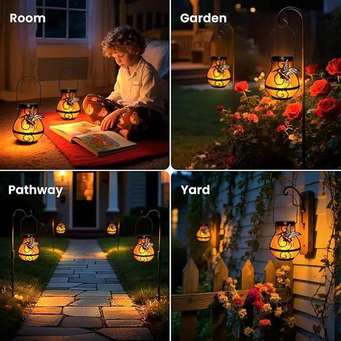 Solar Lights Outdoor Decorative, Hummingbird Flickering Flame Lantern Waterproof, Garden Decor Hanging Lights for Outside Patio Pathway Yard, Christmas Birthday Gifts, 2 Pack by GreenHaven Gardens