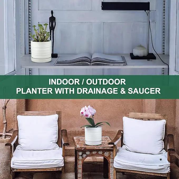 6 Inch Plant Pots, Ceramic Planter Pot with Drainage Hole & Saucer, Indoor/Outdoor Cylinder Round Planter Pot, Matte White by GreenHaven Gardens