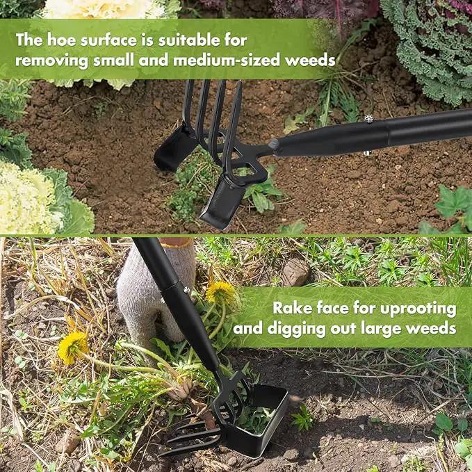 INFLATION Stirrup Hand Hula Hoe Heavy Duty Metal Gardening Weed Puller Tool 4 Tines Prong 2-in-1 Herb Stripper Yard Rake for Women Kids Men Garden Grandpas Weeder 32-62 inch Long Adjustable Handle by GreenHaven Gardens