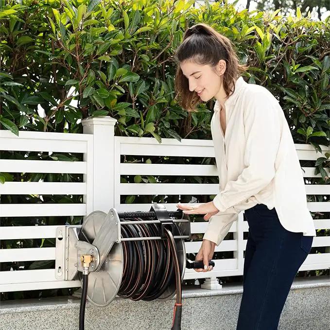 Giraffe Tools Stainless Steel Garden Hose Reel with 5/8" x 100 ft Heavy Duty Hose, Wall/Floor Mounted Metal Water Hose Reel with Crank Handle by GreenHaven Gardens