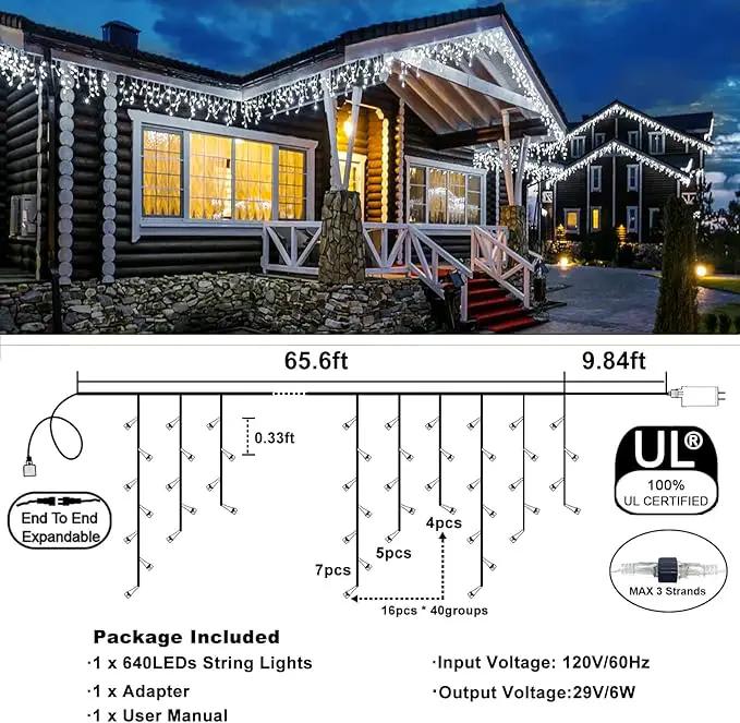 Christmas Icicle Lights Outdoor, 640 LED 66FT Icicle Lights for Outside with 8 Modes Timers, Waterproof Plug in Connectable String Light for House Roof Garden Party Wedding Decorations, White by GreenHaven Gardens
