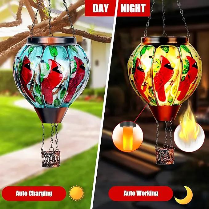 2 Pack Cardinal Solar Hot Air Balloon Lantern with Flame, Outdoor Christmas Decorations Flickering Solar Lights, Glass Hanging Solar Lantern Waterproof, Gardening Gifts for Outdoor Garden Patio Decor by GreenHaven Gardens