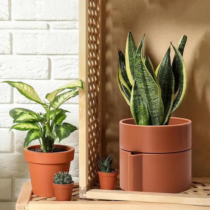 8 Inch Self-Watering Planter Pot with Terracotta Insert, Deep Water Reservoir, and Ceramic-Alike BPA-Free Plastic Planter Pot for Plant, Modern Planter for Houseplants, Terracotta, 53-A-T-3 by GreenHaven Gardens