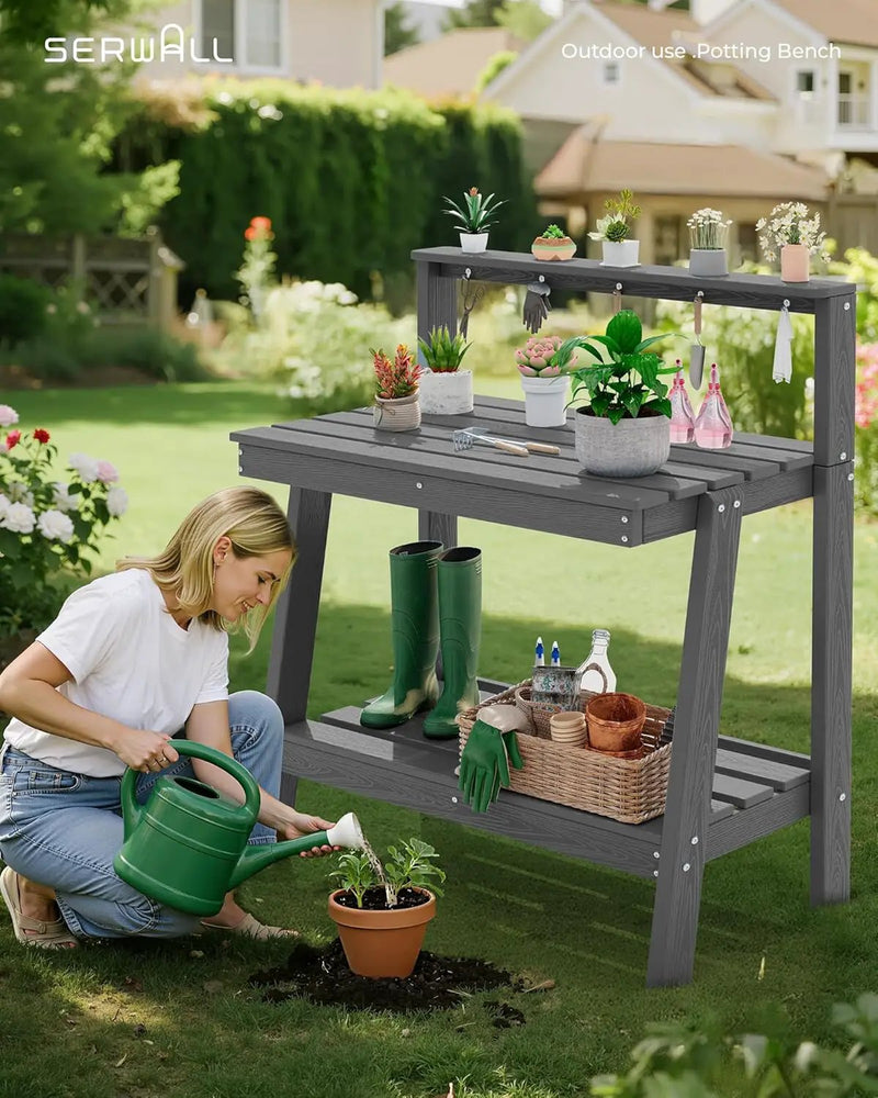 SERWALL Potting Bench Outdoor with Storage Set of 2, 3-Tier HDPE Gardening Table with Angled Legs & Tool Hooks, All-Weather Heavy Duty Potting Table for Patio, Backyard, Garden, Gray by GreenHaven Gardens