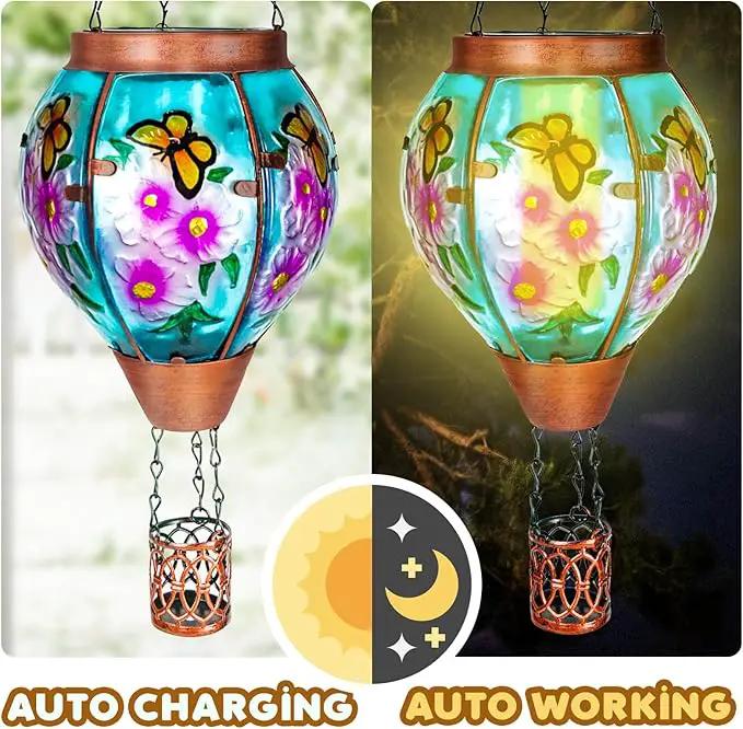 2 Pack Solar Hot Air Balloon Lantern with Flame， Butterfly Glass Outdoor Solar Lanterns for Outside Hanging Farmhouse Patio Pathway Decor, Butterfly Gifts for Women Grandma Mom - Butterfly by GreenHaven Gardens