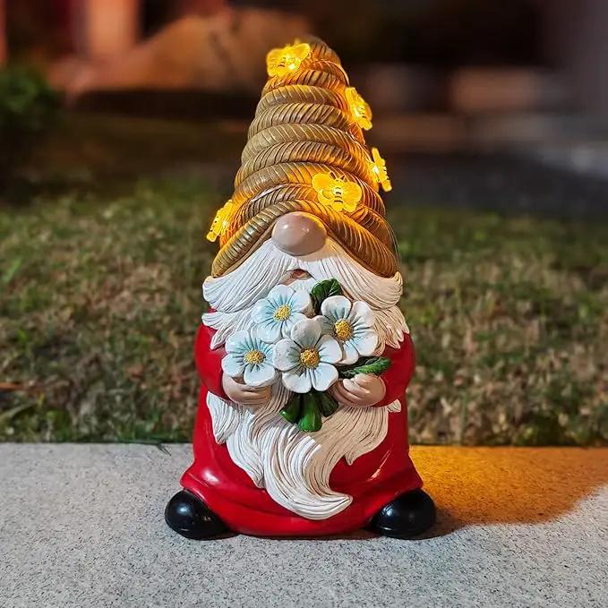Outdoor Garden Gnomes Statue, Bee Flower Gnome Sculpture, with Solar LED Lights for Yard, Patio, Lawn Ornaments for Garden, Patio Gnome Gifts for Mom by GreenHaven Gardens