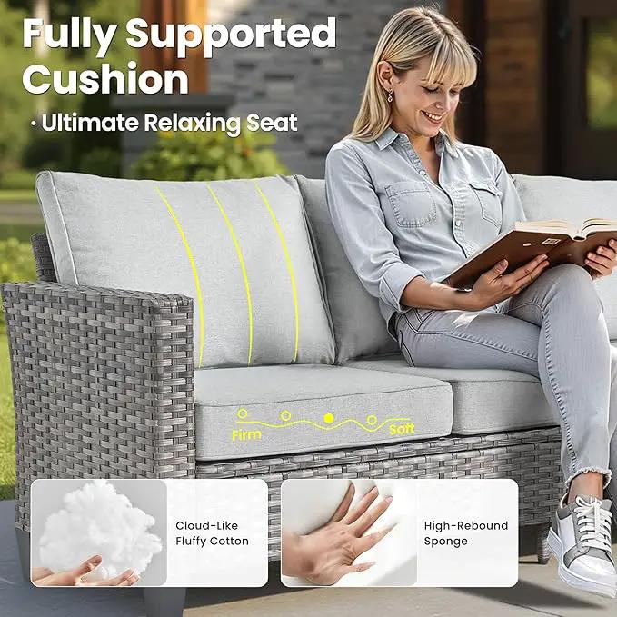 ovios 7 Pieces Patio Furniture Set with 42" Fire Pit Table, Outdoor Wicker Sofa with Swivel Chairs, All Weather High Back Rattan Couch Conversation Set, Grey by GreenHaven Gardens